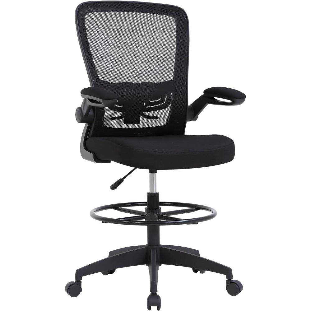 image:imageBestOffice Drafting Chair Tall Office Chair Adjustable Height with Lumbar Support Flip Up Arms Footrest Mid Back Task Mesh Desk Chair Computer Chair Drafting Stool for Standing Desk BlackCoal Black