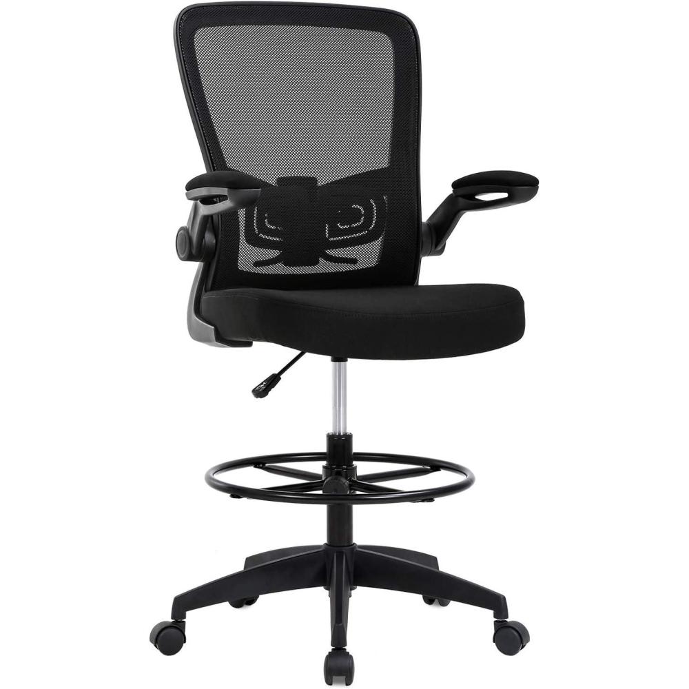 image:imageBestOffice Drafting Chair Tall Office Chair Adjustable Height with Lumbar Support Flip Up Arms Footrest Mid Back Task Mesh Desk Chair Computer Chair Drafting Stool for Standing Desk BlackBlack