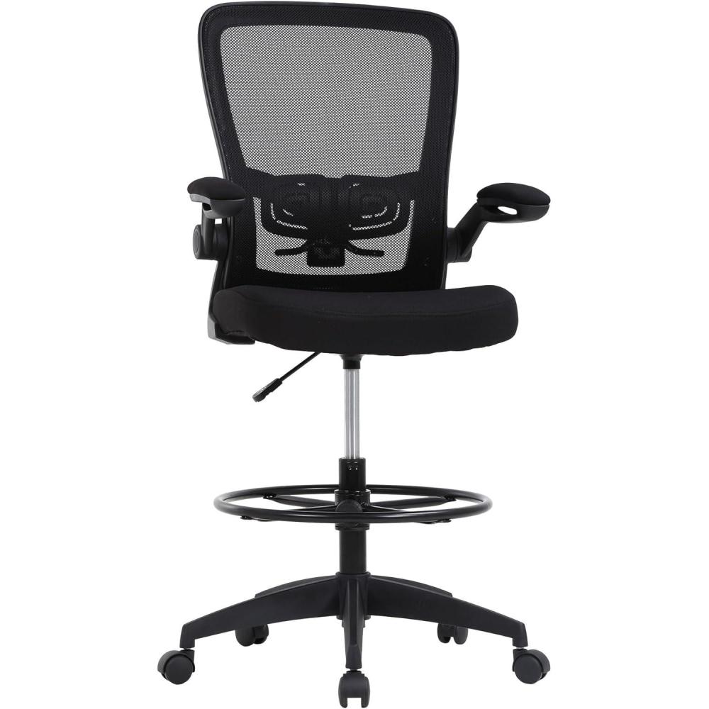 image:imageBestOffice Drafting Chair Tall Office Chair Adjustable Height with Lumbar Support Flip Up Arms Footrest Mid Back Task Mesh Desk Chair Computer Chair Drafting Stool for Standing Desk BlackBblack