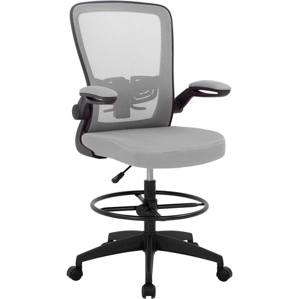 image:imageBestOffice Drafting Chair Tall Office Chair Adjustable Height with Lumbar Support Flip Up Arms Footrest Mid Back Task Mesh Desk Chair Computer Chair Drafting Stool for Standing Desk BlackGrey
