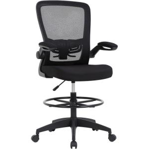 BestOffice Drafting Chair Tall Office Chair Adjustable Height with Lumbar Support Flip Up Arms Footrest Mid Back Task Mesh Desk Chair Computer Chair Drafting Stool for Standing Desk, Black(Coal Black)