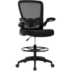 BestOffice Drafting Chair Tall Office Chair Adjustable Height with Lumbar Support Flip Up Arms Footrest Mid Back Task Mesh Desk Chair Computer Chair Drafting Stool for Standing Desk, Black(Black)