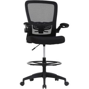 BestOffice Drafting Chair Tall Office Chair Adjustable Height with Lumbar Support Flip Up Arms Footrest Mid Back Task Mesh Desk Chair Computer Chair Drafting Stool for Standing Desk, Black(B-black)