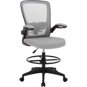 BestOffice Drafting Chair Tall Office Chair Adjustable Height with Lumbar Support Flip Up Arms Footrest Mid Back Task Mesh Desk Chair Computer Chair Drafting Stool for Standing Desk, Black(Grey)