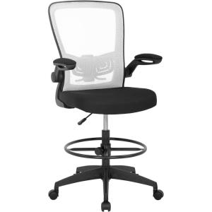 BestOffice Drafting Chair Tall Office Chair Adjustable Height with Lumbar Support Flip Up Arms Footrest Mid Back Task Mesh Desk Chair Computer Chair Drafting Stool for Standing Desk, Black(White)